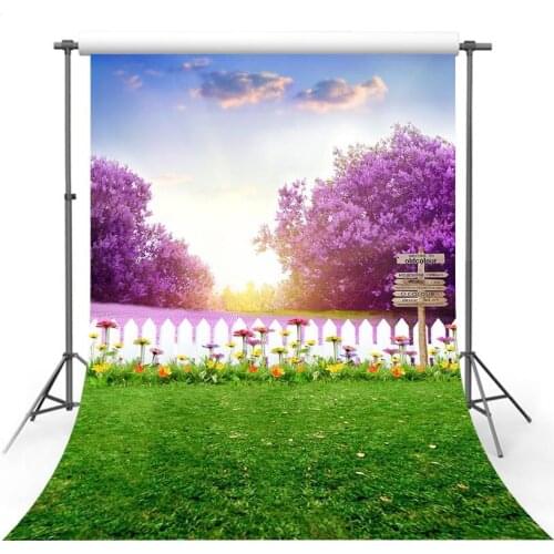 Vinyl Photography Backdrop Spring Season Green Lawn Wildflower Lavender Tree Purple Decor Children Background Photo Studio