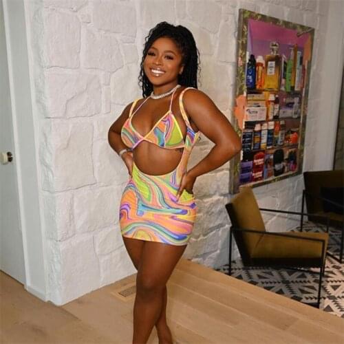 Dourbesty Two Pieces Tie Dyeing Women Suits Summer Sexy Halter Bikini Bra Crop Tops + Strappy Skinny Skirts Female Sets 2021