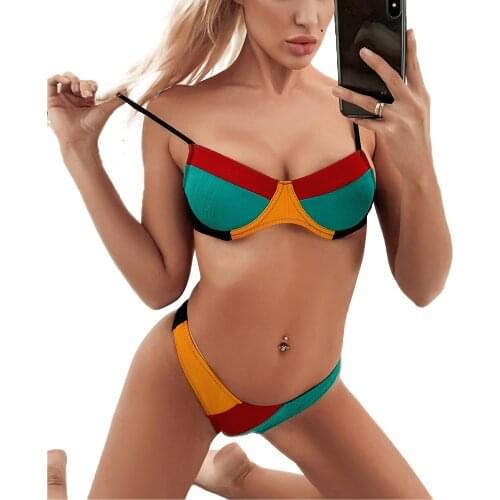 Ladies Summer Color Matching Sexy Swimsuit Bikini Adults Women Lace Up One-piece Swimsuit Split Bikini Female Swimwear Beachwear