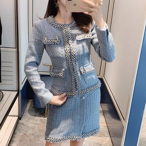 High Quality Women 2 Piece Set Autumn Winter Tweed Office Ladies Runway Designer Jacket Coat Tops Fringe A Line Mini Skirt Suits