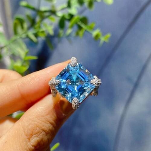 925 New Fashion Shiny Ring Inlaid Diamond Imitation Natural Aquamarine Topaz Princess Temperament For Women Fine Jewelry Party