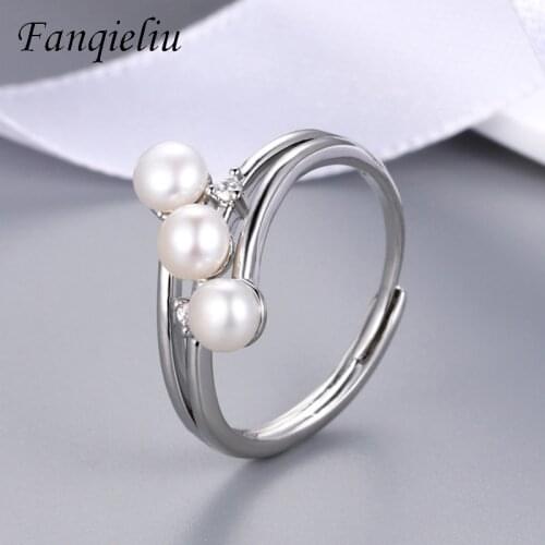 Fanqieliu Open 3PCS Pearls Wedding Bands Adjustable Real Crystal 925 Sterling Silver Ring For Woman FQL21166