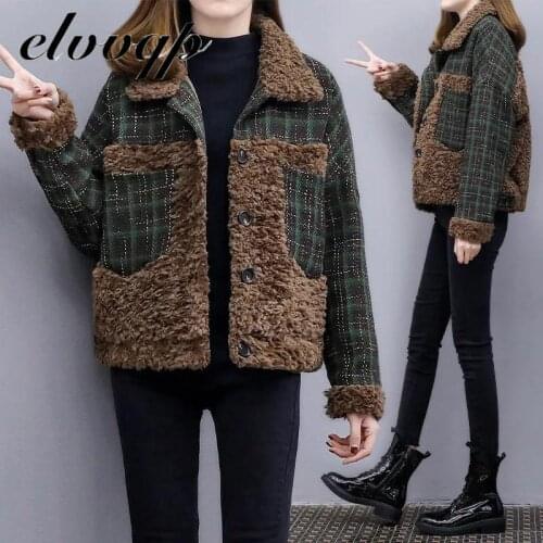 Fashion Plaid Wool Blend Splice Coat Women 2021 New Autumn Winter Warm Woolen Coats Korean Lambswool Short Jacket Coat Female