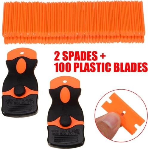 2pcs Carbon Fiber Car Tools Car Wrap Razor Scraper with 100Pcs Plastic Razor Blade Cleaning Squeegee Glue Film Remover