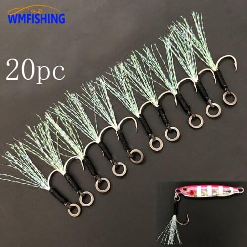 20pcs Assist Hook Fishing Lure Slow Jigging Solid Cast Jigs Barbed Single Jig Hooks Thread Feather Pesca High Carbon Steel Peche