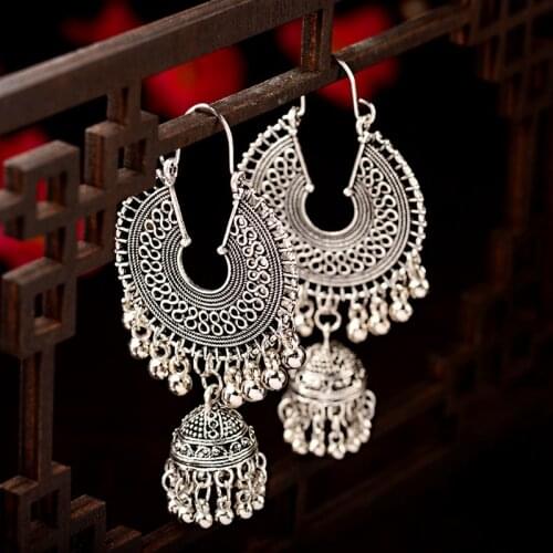 2020 Egypt Vintage Womens Gold&Silver Color Jhumka Bells Tassel Earrings Ethnic Turkish Tribal GypsyRound Hollow Indian Jewelry