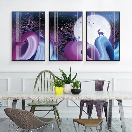 Abstract Landscape Wall Art Purple Forest Deer At Night Moon Canvas Painting Posters And Prints Wall Pictures For Bedroom Decor