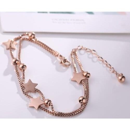 Rose Gold Color Stainless Steel Anklets Star Bead Charms Box Chain Two Lines Leg Bracelet No Fade Holiday Accessories