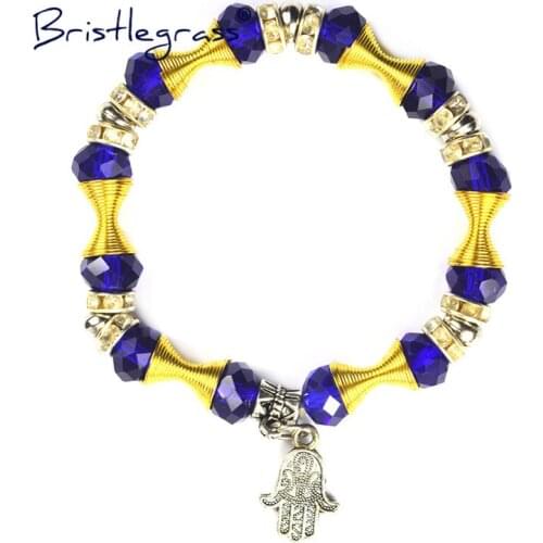 BRISTLEGRASS Turkish Blue Evil Eye Hamsa Hand Glass Beaded Strand Bracelet Amulet Lucky Charm Blessing Protection Gift for Women