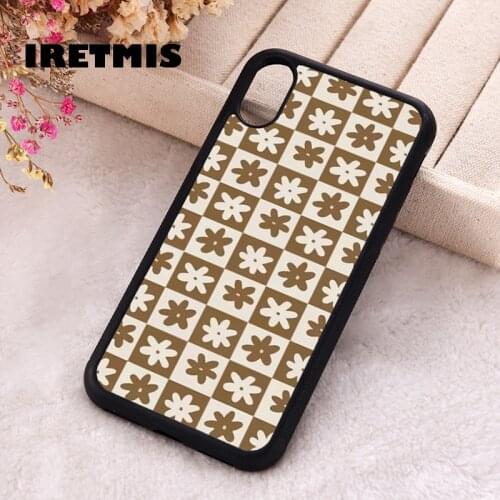 Iretmis 5 5S SE 2020 Phone Cover Case for iPhone 6 6S 7 8 Plus X Xs XR 11 12 Mini Pro Max Rubber Silicone Checkered Flower brown