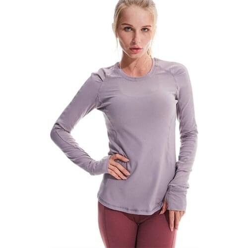 CretKoav New Womens O collar Yoga T-shirt Quick Dry Elastic Slim Breathable Running Tops Long sleeves Thumb Hole Sports T shirt