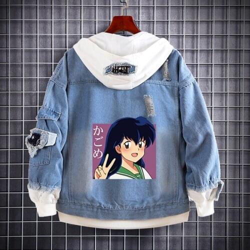 Anime Inuyasha Cosplay Jeans Jacket Demon Higurashi Kagome Costume Hoodie Denim Autumn Hooded Outwear Coat Adult Halloween