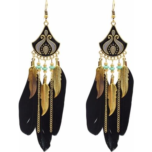 Ethnic Bohemian Brown White Feather Drop Earrings for Women Hippie Jewelry Festival Party Earring Gypsy Turkish Tribal Gift
