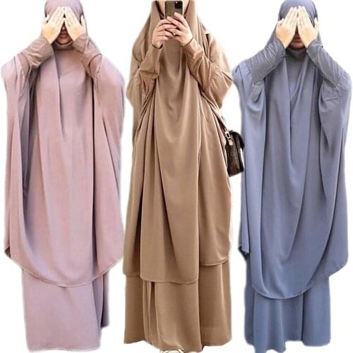 Eid Muslim Women Hijab Dress Prayer Garment Set Jilbab Full Cover Ramadan Long Khimar Gown Abaya Islamic Clothes Niqab Burqa 2pc