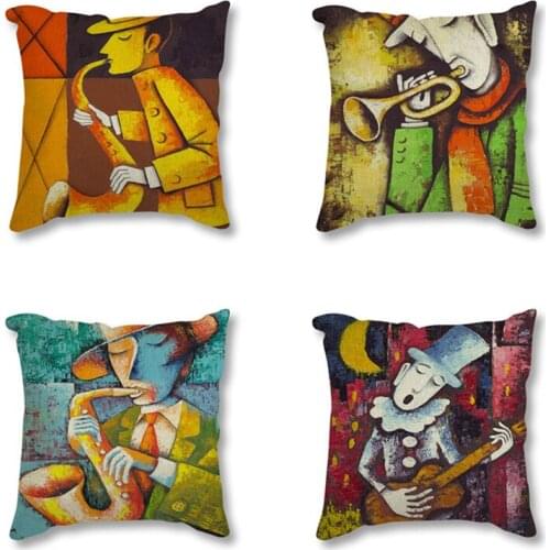 Linen Seat Cushion Cover Retro Vintage Musician Sax Cello Print Pillowcase Decorative Cushion For Sofa Throw Pillow case