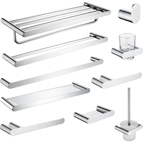 Bathroom Accessories Set 304 Stainless Steel Chrome Towel Bar Shelf Glass Rack Cup Paper Holder Toilet Brush Holder Robe Hook