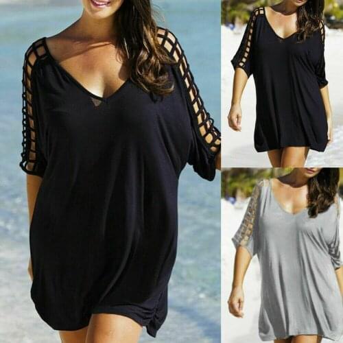 New Women Cover Up Swimwear Beach Blouses Women Bikini Beach Cover-Up Solid color Cutout Short sleeve Dress Plus Size M-3XL