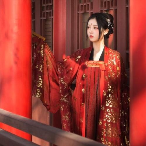 New Hanfu Dress Chinese Style Summer Fairy Clothes Wei Jin/Han/Tang Dynasty Ancient Wedding Big Sleeve Cloak Red Hanfu VO917