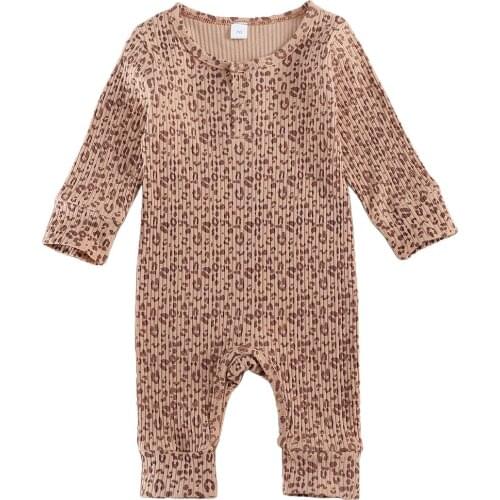 Pudcoco Infant Newborn Baby Boys Girls One Piece Jumpsuit Long Sleeve Ribbed Leopard Printed Romper Spring Autumn Outfits
