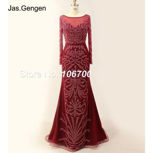 Heavy Crystal Beading Prom Dress Long Sleeve Illusion Hand Crystal Beading Elegant Mermaid Prom Gowns 933