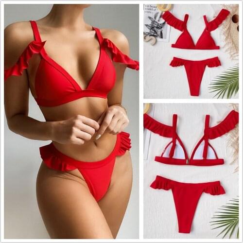 Sexy Bikini 2021 Women swimsuit Push up Bikini Solid Red Ruffled Bikini sets Two pieces Beachwear Thong Biquinis Feminino-BK005