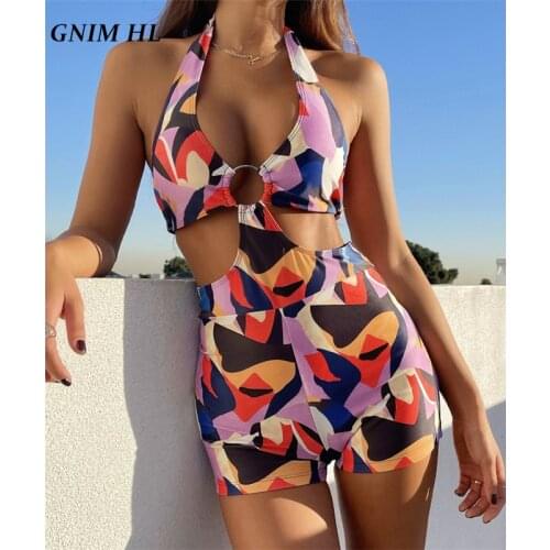 GNIM Sexy One-Piece Swimwear Women Patchwork High Waist Backless Swimsuit Women Ring Monokini Summer Beachwear Bodysuit Biquini
