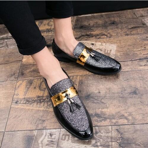 Men Party Flats Black Golden Formal Patchwork Tassel Leather Casuals Shoe Handmade Wedding Men Loafers Moccasins Dress Shoes