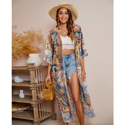 Boho Printed Half Sleeve Front Open Plus Size Long Kimono Retro Summer Clothing For Women Tops and Blouses Vintage Shirts A855