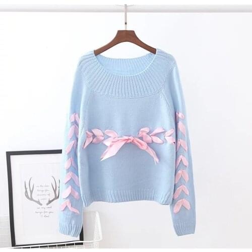 Spring Autumn Japanese Pullover Girl Bowknot Sweet Knitted Sweater Women Long Sleeve Round Collar Student Collage Tops H9432