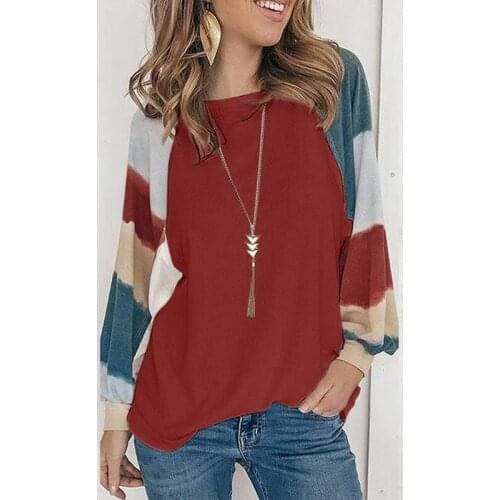 Autumn New Round Neck Color Contrast Watercolor Long-Sleeved T-Shirt Women Breathable Comfortable T-Shirts Casual Pullovers Top