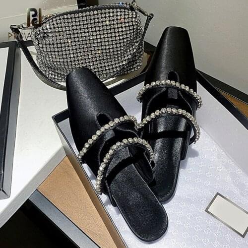 New Rose Red and Black Sandals and Slippers Womens Summer French Style Silk Rhinestone Flat Mueller Half Slippers