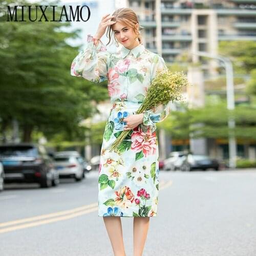 MIUXIMAO Best Quality 2020 Office Lady Summer Twinset Elegant Flower Women Bloose and Print Long Dress Suits Women Vestidos