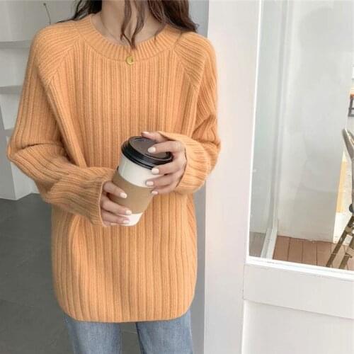 2021 autumn winter new top medium long round neck Pullover temperament commute loose Korean womens sweater