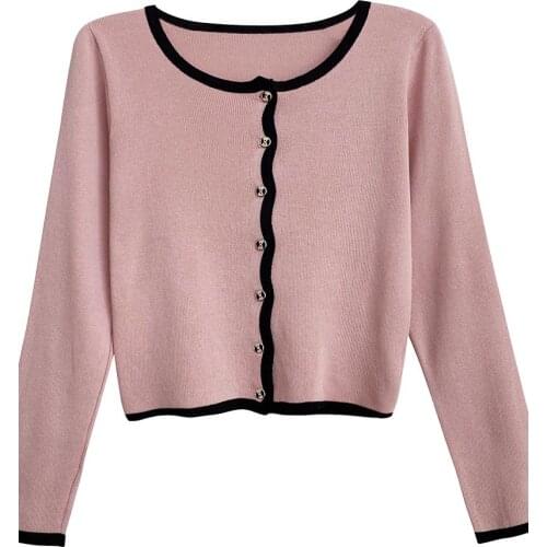 2021 spring and autumn new temperament small fragrance wind contrast side long-sleeved knitted cardigan womens jacket