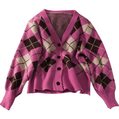 Autumn new style retro diamond plaid single-breasted V-neck loose long-sleeved knitted sweater women