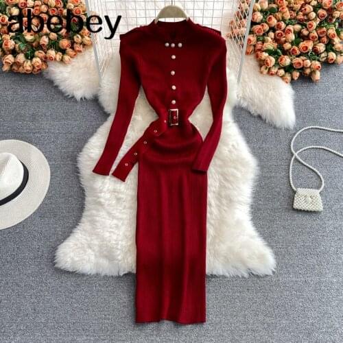 2021 New Spring Autumn Fashion stand collar long sleeve knitted Dress Beaded decoration high waist lace up long wrap Dress