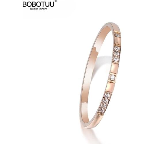 BOBOTUU Office Style Titanium Steel Rhinestone Party Ring Trendy CZ Crystal Rose Gold Wedding Rings Jewelry For Women BR19179