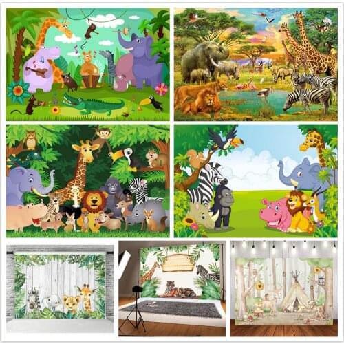 Animals in the Forest Cartoon Backdrop Giraffe Lion Zebra Backgrounds Birthday Baby Shower Party Decor Photo Booth Studio Prop