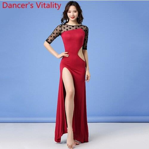 Winter Women Belly Dance Practice Clothes Cut out Mesh Modal Patchwork Dress Oriental Indian Dancing Stage Training Garments