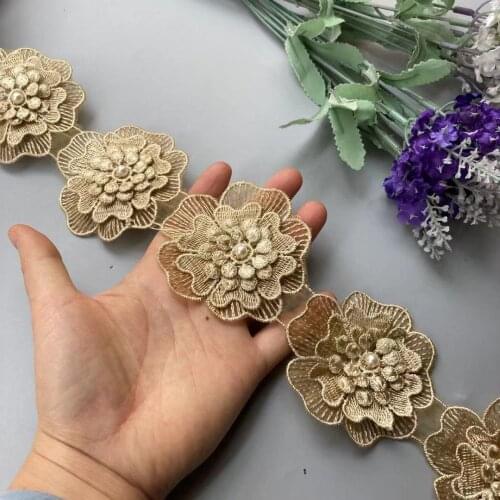1 Yard Pearl Flower Gold Vintage Polyester Embroidered Lace Trim Ribbon Fabric Handmade DIY Garment Wedding Dress Sewing Craft