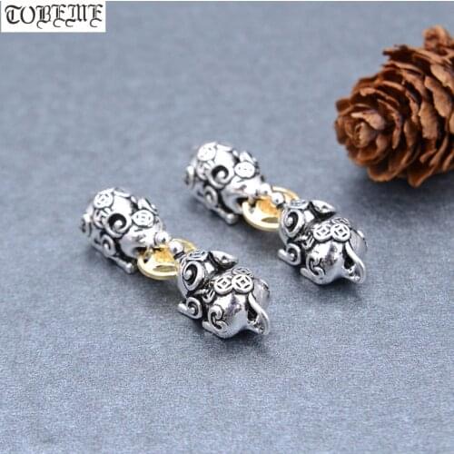 100% 925 Silver Double Pixiu Charm Real Sterling Lucky Fengshui Pixiu Beads Wealth Piyao Beads DIY Good Luck Bracelet Findings
