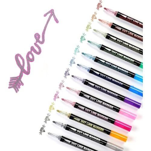 12 Color Double Line Outline Pen Set Stationery Children Adult DIY Painting Graffiti Marker Art School Poster Supplies