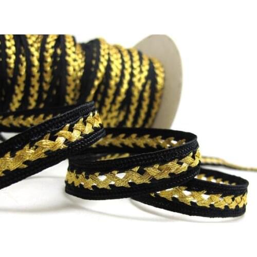 3/8 Inch Black and Gold Woven Trim|Shiny Narrow Ribbon Trim|Woven Border|Metallic Jacquard Trim|Flag Scalloped Edge