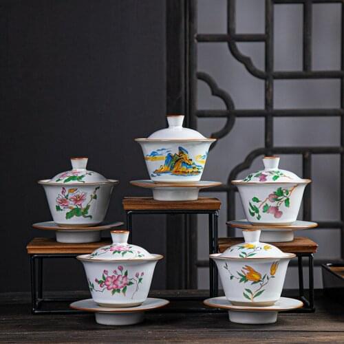 Retro Sancai Gaiwan Chinese Kung Fu Teaware Classical Ceramic Teaset Tureen 150ml Lid Bowl Saucer Traditional Handmade Tea Brew
