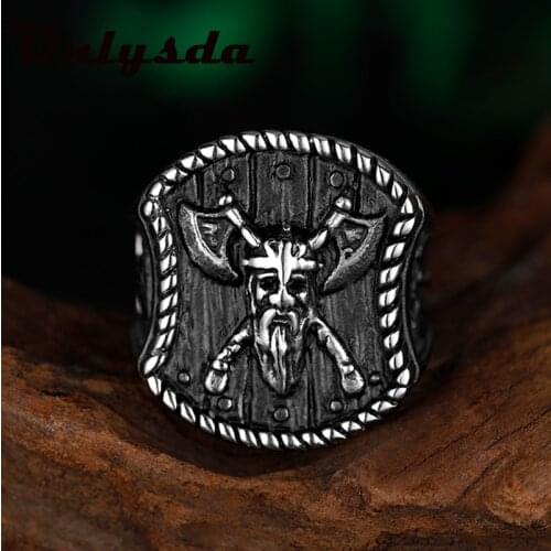 Vintage Mens Viking Stainless Steel Ring Thor Hammer Double Axe Rings Odin Norse Pagan Biker Amulet Jewelry Lucky Gifts