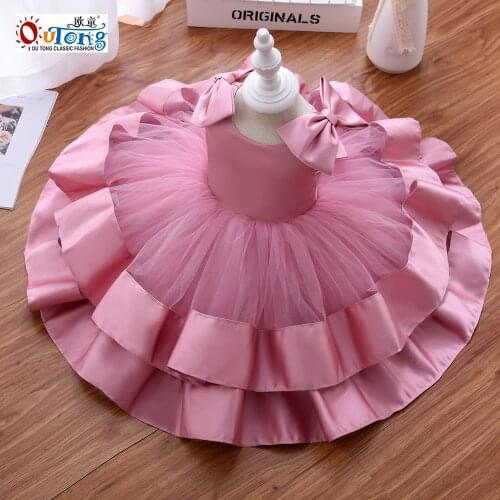 Outong Cute Baby Girls Summer Dress Shoulders Bow Tutu Bow Ball Gown Dress With Headband For Birthday Party Children Clothes
