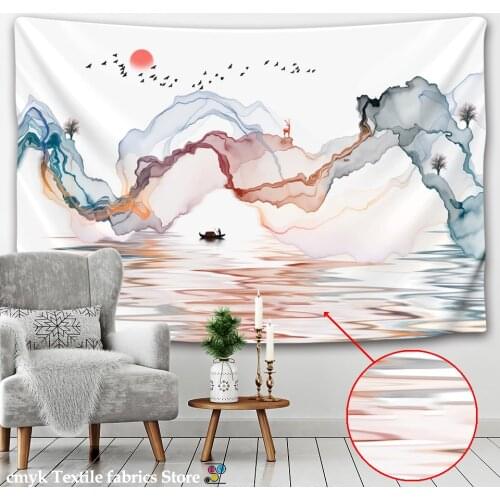 Chinese Ink Wash Landscape Painting Tapestry Wall Hanging Sunrise Colorful Bohemian Simple Studio Bedroom Background Decor