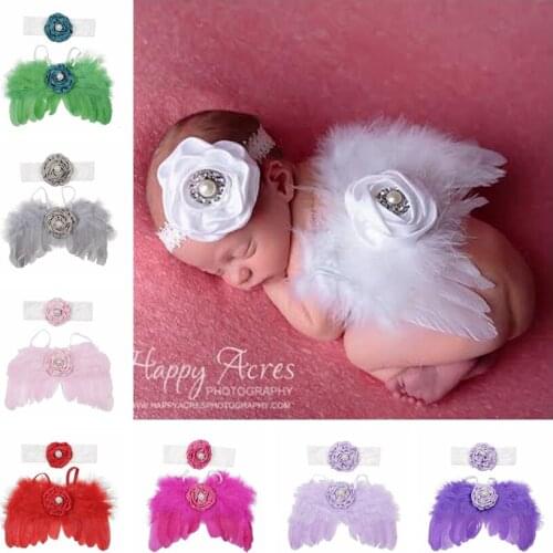Newborn Soft Feather Wings Pad with Satin Flower Lace Headband Costume Set Photography Props Accessories Holiday Decoration