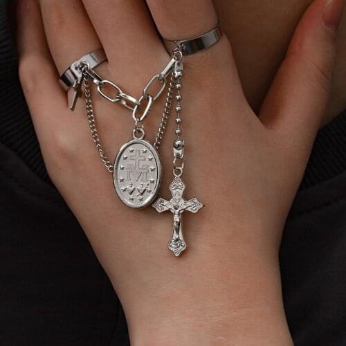Punk Hip-Hop Vintage Cross Finger Chain Ring Adjustable Joint Ring For Women New Design Metal Double Open Finger Rings Jewelry