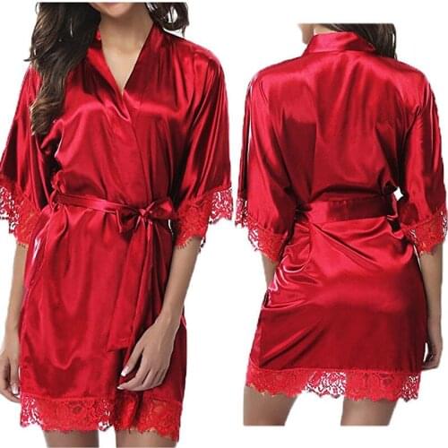 Sexy Lace Silk Robe With Belt Women Short Satin Wedding Kimono Bathrobe Sleepwear Elegant Nightgown Half Sleeve V-neck Pajamas